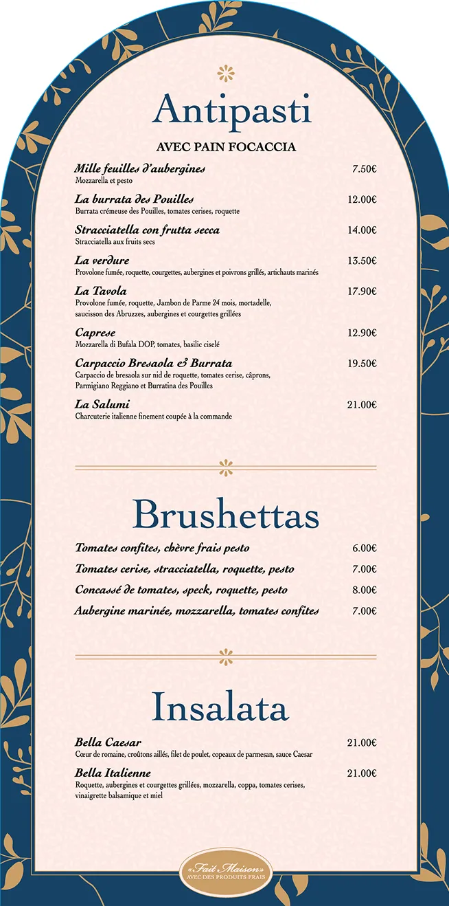 Menu mobile A Casa Mia avec les sections Antipasti, Brushettas et Insalata