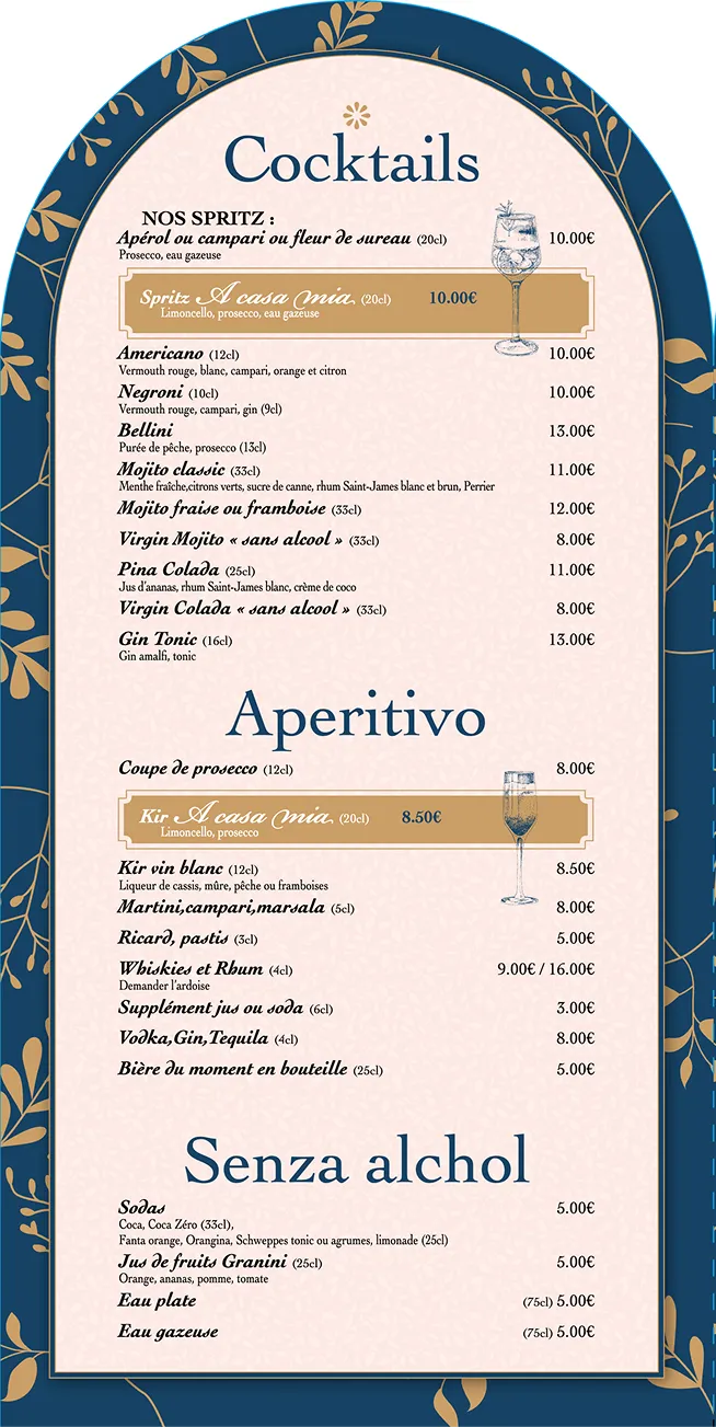 Menu mobile Desserts et Bar A Casa Mia avec Cocktails, Aperitivo et Senza alchol