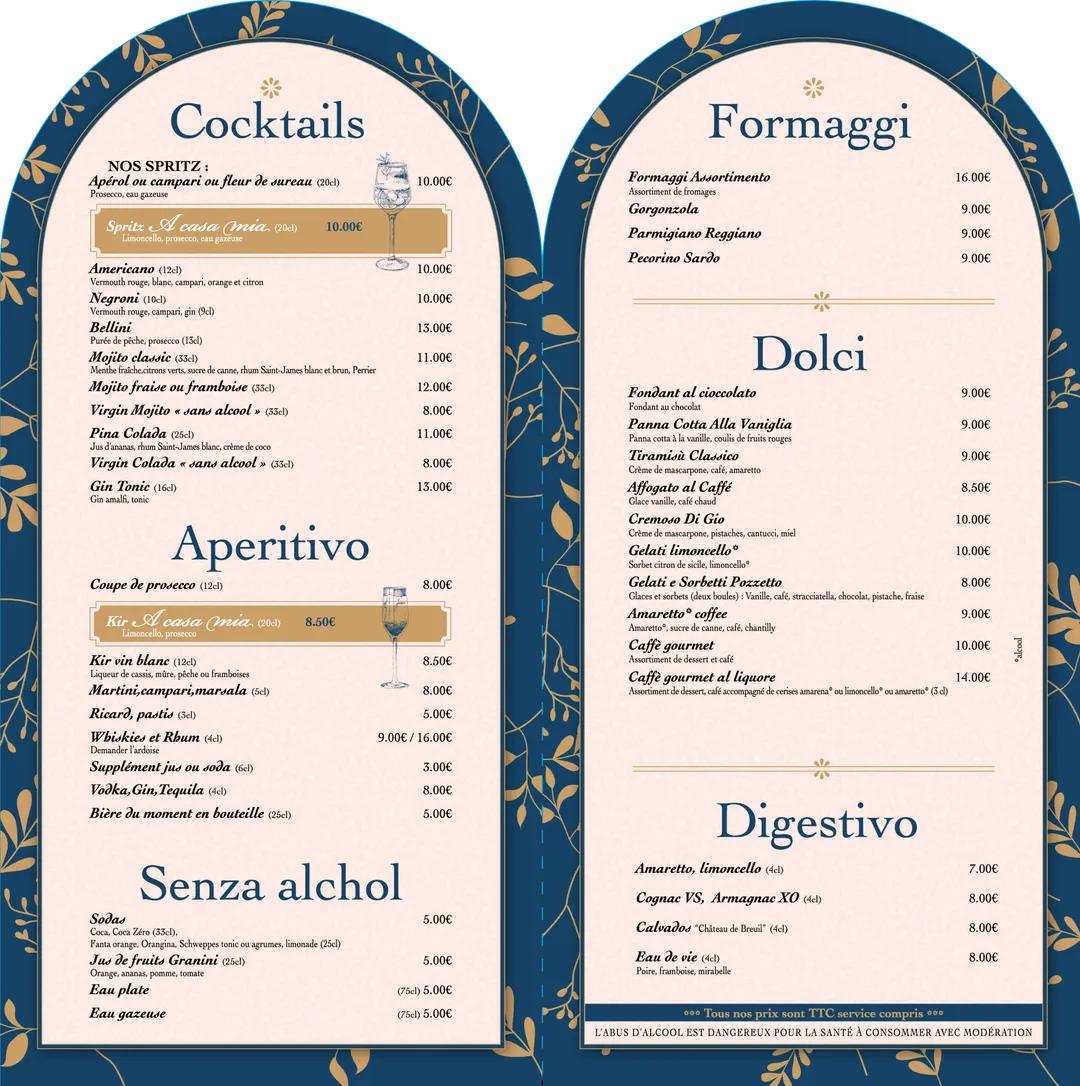 Carte Desserts & Bar A Casa Mia avec cocktails, aperitivo, sans alcool, formaggi, dolci et digestivo