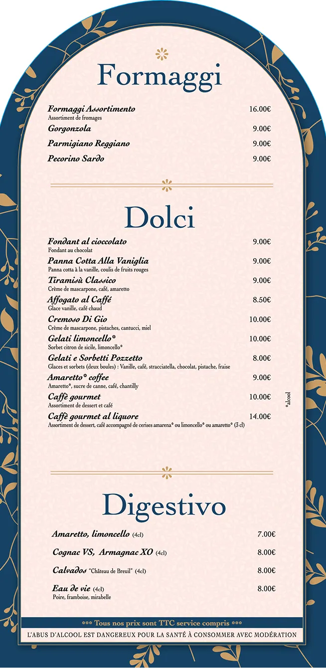 Menu mobile Desserts et Bar A Casa Mia avec Formaggi, Dolci et Digestivo