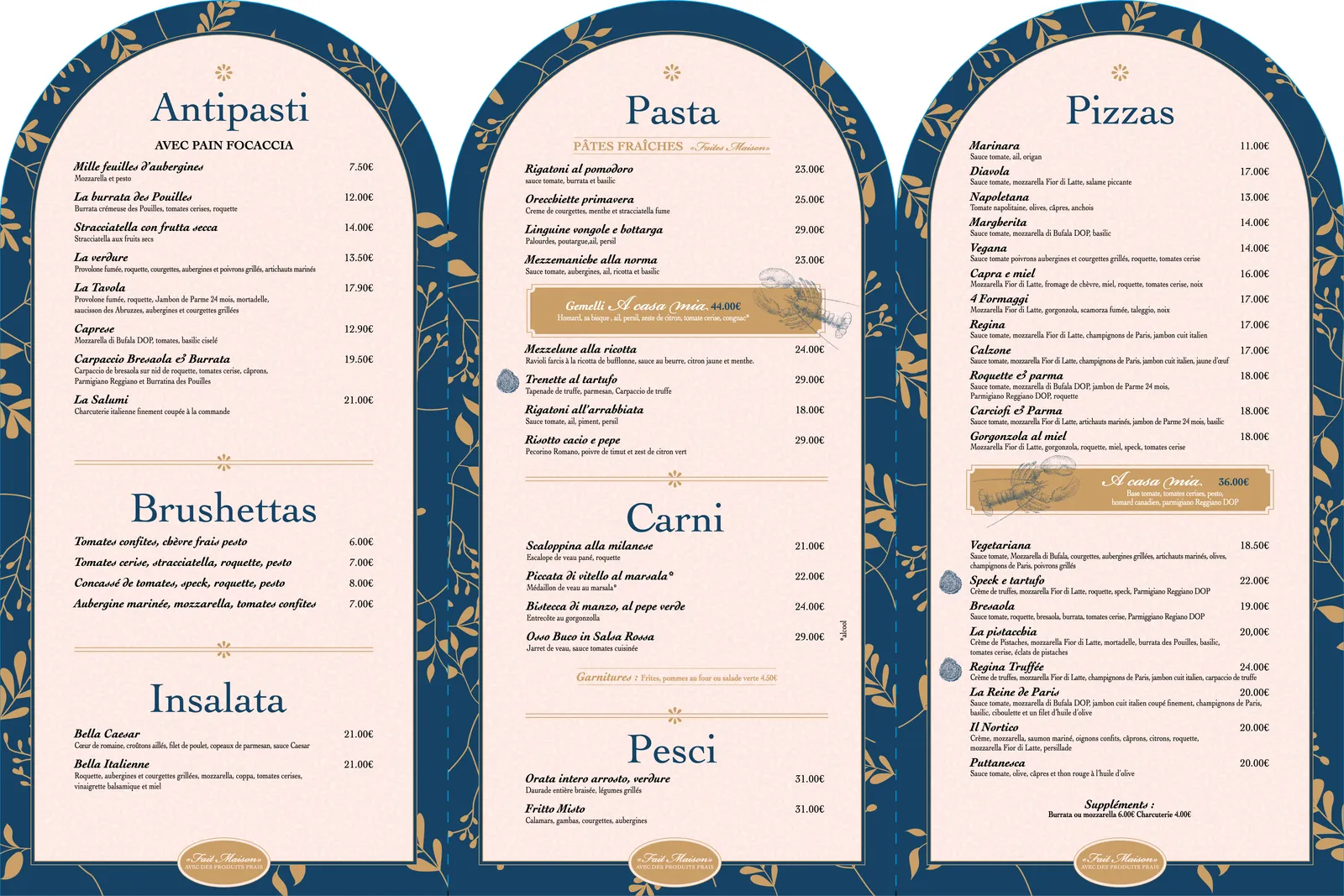 Carte des plats A Casa Mia avec les colonnes Antipasti, Pasta et Pizzas