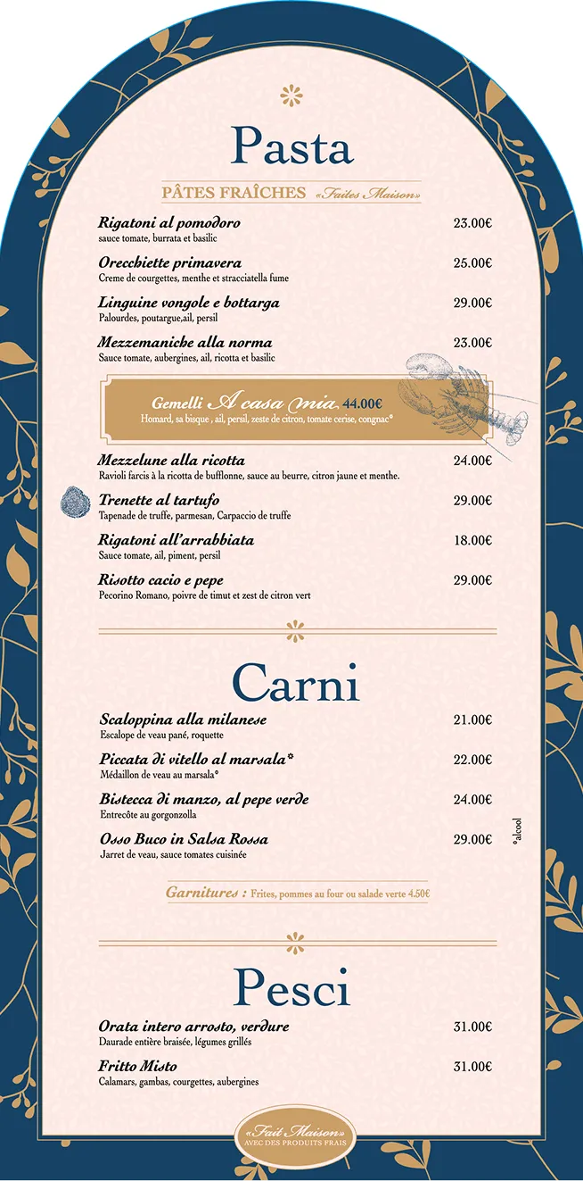 Menu mobile A Casa Mia avec les sections Pasta, Carni et Pesci