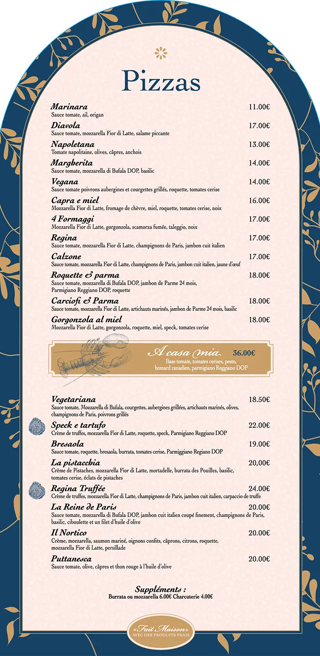 Menu mobile A Casa Mia avec la section Pizzas